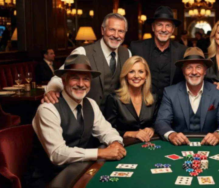 Uczestnicy pokerowego eventu przy stołach w stylowej sali restauracyjnej.