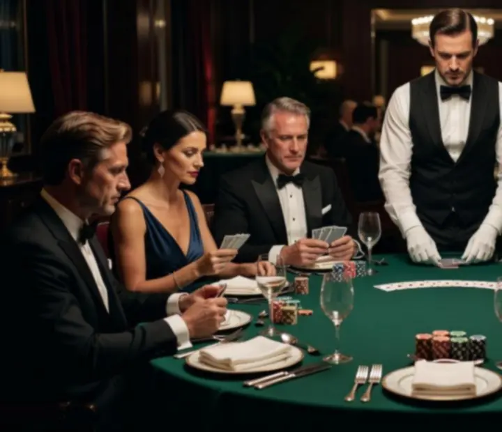 Elegancki pokerowy wieczór w restauracji z profesjonalnie przygotowanym stołem i nastrojowym oświetleniem.
