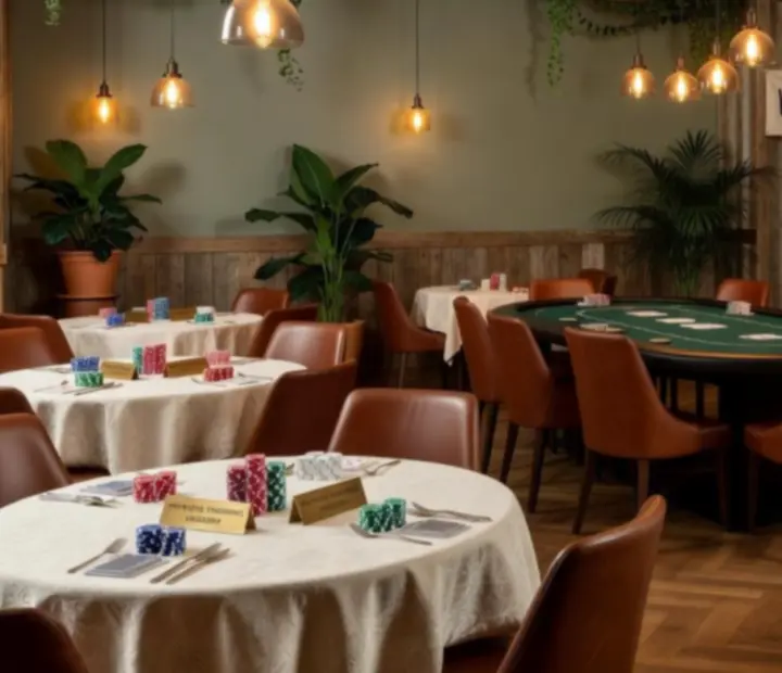Klimatyczne wnętrze restauracji z eleganckimi stołami i nastrojowym światłem