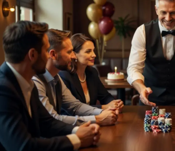 Profesjonalny krupier prowadzący urodzinową rozgrywkę pokerową