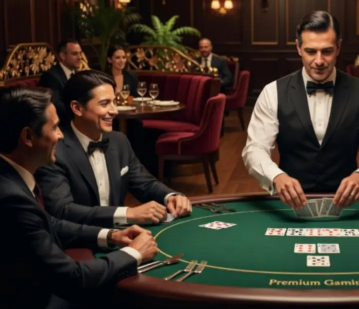 Profesjonalny dealer prowadzący pokerowy wieczór w eleganckim wnętrzu restauracji