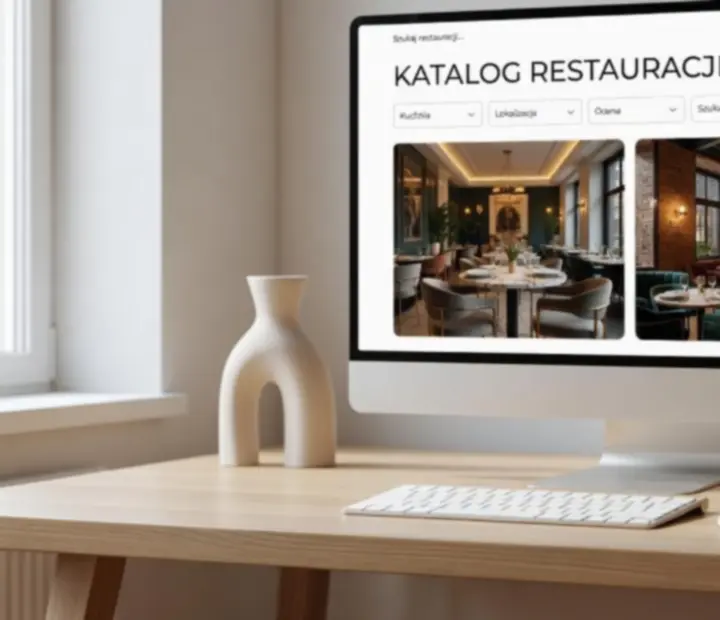 Goście przeglądający katalog restauracji na ekranie laptopa w elegannej kawiarni
