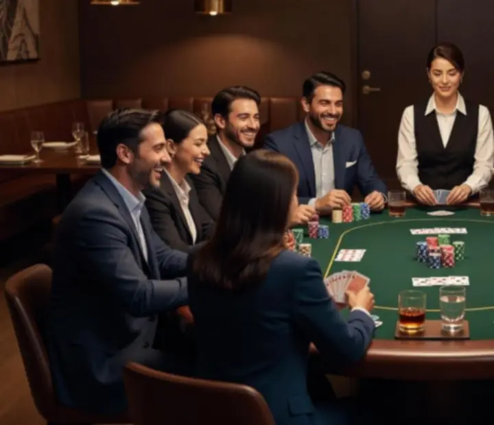 Eleganckie stanowisko pokerowe przygotowane na wieczór integracyjny w restauracji