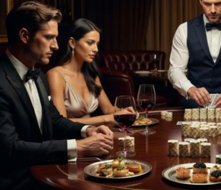 Wieczór VIP z kolacją degustacyjną i pokerowym stołem w eleganckiej restauracji.